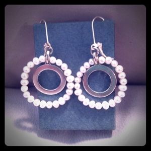 Freshwater Pearl & SS Drop Hoop Earrings